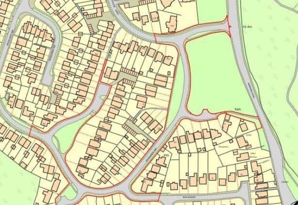 Roads and strips of green land in Southwater, marked in red, that are being put up for sale by auction