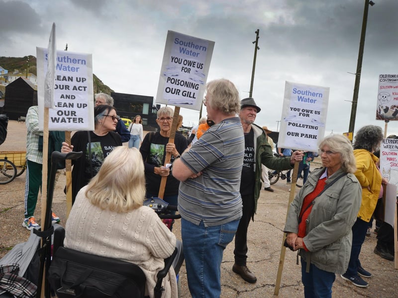Protest outside Southern Water's Your Water Matters event in Hastings Old Town on October 12 2023.