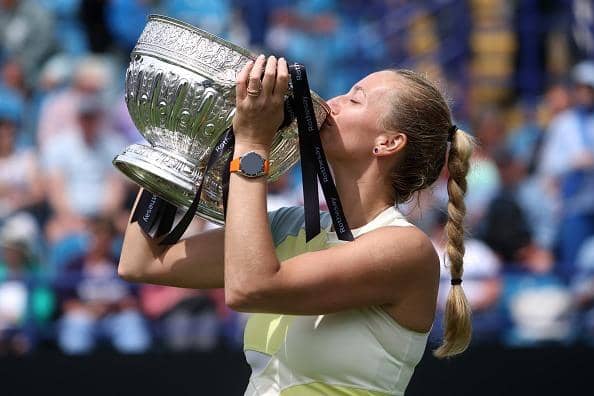 Petra Kvitova clinched the Eastbourne singles title for the first time with a dominant straight-sets victory over defending champion Jelena Ostapenko at the Rothesay International ahead of Wimbledon