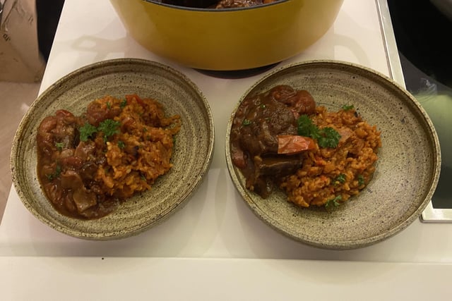 Homemade jollof rice and beef stew