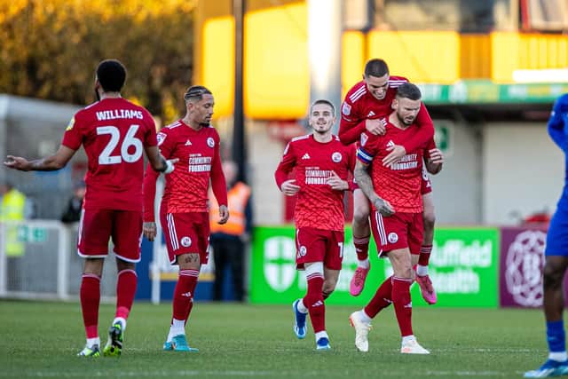 Goals from Ben Gladwin and Klaidi Lolos were enough for Crawley Town to take all three points, as they defeated a stubborn Harrogate Town 2-1. Photo: Eva Gilbert Photography