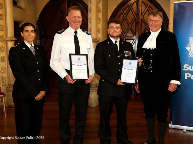 Another example of courage was shown by PC Marcus Evans (centre-right) and PCSO Christopher Marsden (centre-left) who helped save a man’s life at Worthing Pier. Working as a team together they prevented the man falling, and ensure he received the urgent care he needed.