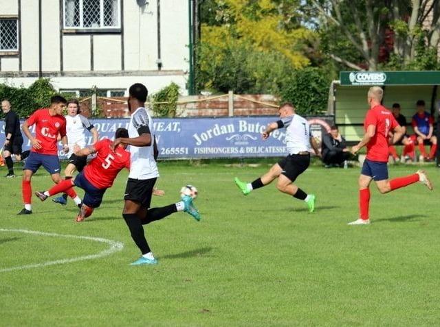 Action from Pagham v Eastbourne United in the FA Vase