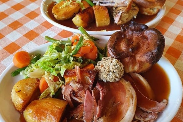 Meats include lamb shank, pork belly, roasted chicken, plus a vegetarian and vegan option. All roasts are served with homemade Yorkshire Puddings, roasted potatoes, seasonal mixed vegetables and gravy.