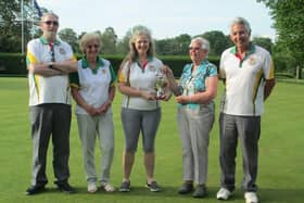 Ray Knight, Jenny Patterson and Jane Gray, being presented the Mike Wood Cup by Ann Wood.