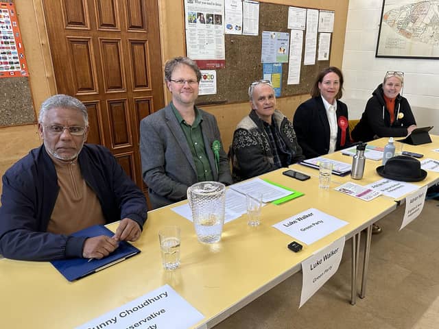 Queen's Park ward hustings l-r Sunny Chaudhury Conservative, Luke Walker Green, Adrian Hart Brighton and Hove Independents, Camilla Gauge Labour, Dominique Hall Liberal Democrat
