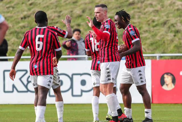 Lewes celebrate the goals that earned a 2-1 win over Potters Bar at The Dripping Pan | Picture: James Boyes