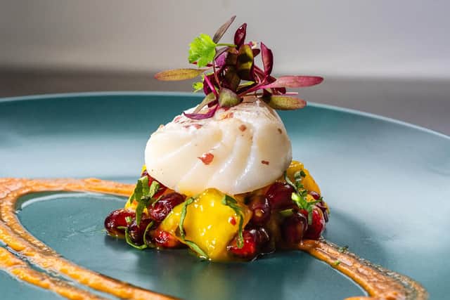 Chef Sabu Joseph of the Indian kitchen at Easy Tiger creates Poached Turbot on a Salsa of Pineapple, Mango, Pomegranate & Chilli for the BITE Sussex Regency Banquet being held at the Royal Pavilion, Brighton on Saturday September 30th 2023.