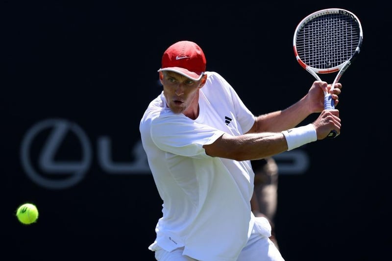 EASTBOURNE, ENGLAND - JUNE 24: Jan Choinski of Great Britain in action during his mens singles qualifying match against Giles Hussey of Great Britain during Day One of the Rothesay International Eastbourne at Devonshire Park on June 24, 2023 in Eastbourne, England. (Photo by Charlie Crowhurst/Getty Images for LTA):Images from the opening day of qualifying at the 2023 Rothesay International at Devonshire Park, Eastbourne