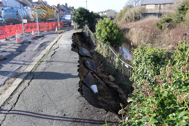 The collapsed path in Bulverhythe Road following the sewage leak. Picture by Kevin Boorman
