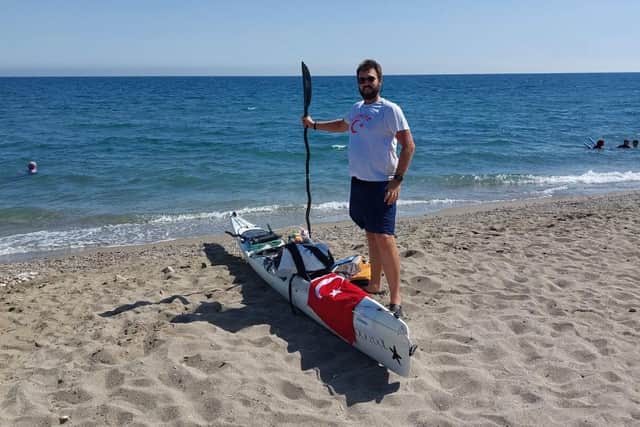 Jack Gatacre with his Kayak with 1000 miles in and 250 to go.