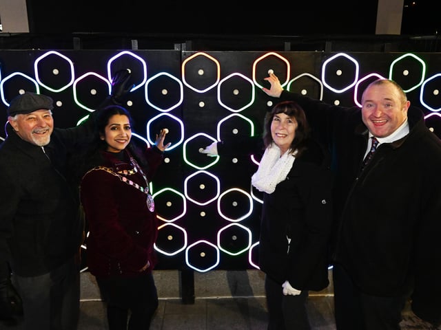 Crawley Borough Councillors Sharmila Sivarajah, Michael Jones, Chris and Sue Mullins with 'The Hexagons’ installation