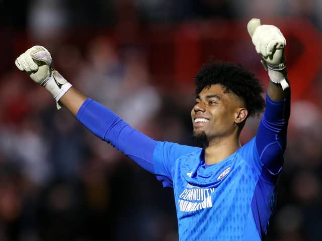 Corey Addai of Crawley Town celebrates victory after the Sky Bet League Two Play-Off Semi-Final 1st Leg match between Crawley Town and Milton Keynes Dons at Broadfield Stadium on May 07, 2024 in Crawley, England. (Photo by Steve Bardens/Getty Images)