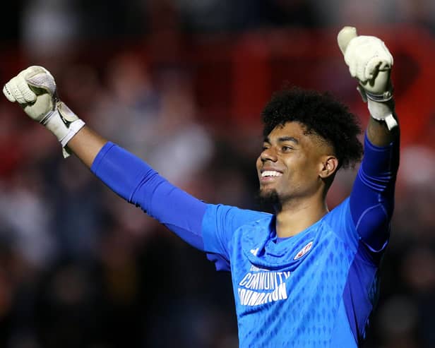 Corey Addai of Crawley Town celebrates victory after the Sky Bet League Two Play-Off Semi-Final 1st Leg match between Crawley Town and Milton Keynes Dons at Broadfield Stadium on May 07, 2024 in Crawley, England. (Photo by Steve Bardens/Getty Images)