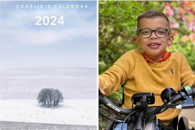 Charlie Fielding and the 2024 calendar raising money for his new Triride E-bike. Pictures: Jamie Fielding