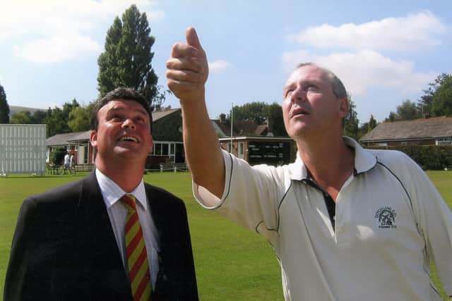Ditchling CC's former and much-missed president Patrick Nolan tossing the coin with MCC captain Ian Cox in a Ditchling cricket week fixture against the MCC