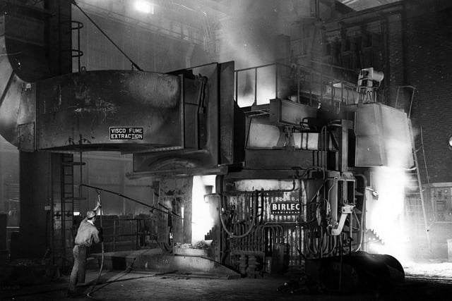 Samuel Fox and Co, injecting oxygen into the 70-ton electric arc furnace at the Stocksbridge firm's works in the 1960s. Ref no: s02289