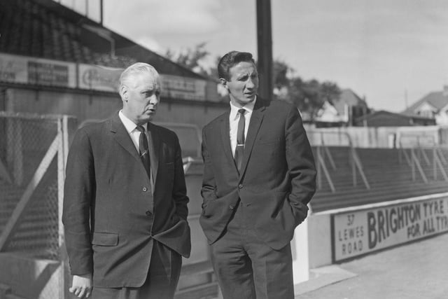 Manager Archie Macaulay and Mel Hopkins chat after Hopkins had signed for Brighton & Hove Albion on 8th October 1964. Hopkins had signed from Spurs for a transfer fee of £8,000.