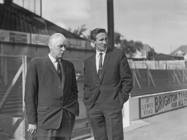 Manager Archie Macaulay and Mel Hopkins chat after Hopkins had signed for Brighton & Hove Albion on 8th October 1964. Hopkins had signed from Spurs for a transfer fee of £8,000.