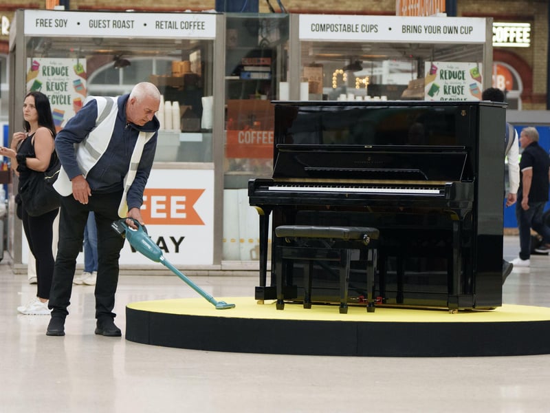 Claudia Winkleman has been pictured at Brighton railway station as her search continues to find more of the UK's most exciting amateur pianists.