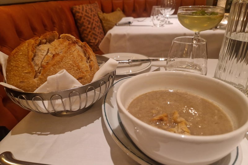 Wild mushroom soup and sourdough bread at The Ivy