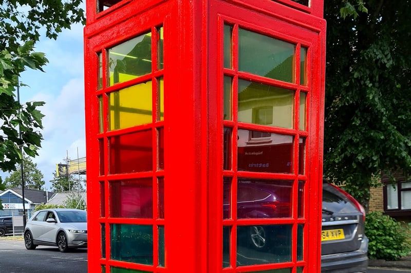The 'rainbow' phone box in London Road, Burgess Hill