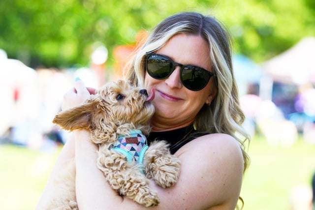 Paws in the Park event at Ardingly. Clare Sharpe and her maltipoo Bella. Photo by Derek Martin Photography and Art