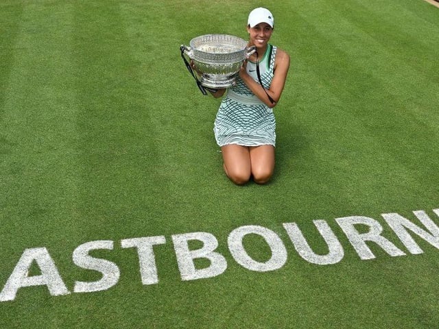 US player Madison Keys poses with the winner's trophy after beating Russia's Daria Kasatkina during their women's singles final tennis match at the Rothesay Eastbourne International tennis tournament in Eastbourne, southern England, on July 1, 2023. (Photo by Glyn KIRK / AFP) (Photo by GLYN KIRK/AFP via Getty Images):Action from Saturday's finals at the Rothesay tennis international at Devonshire Park, Eastbourne