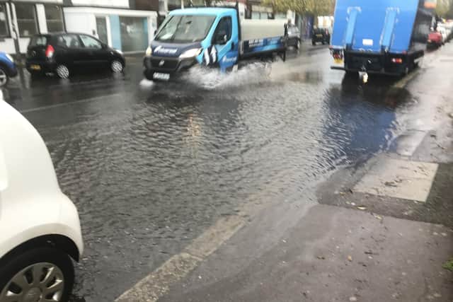Flooding in Battle Road, St Leonards. Picture by Daniel Burton