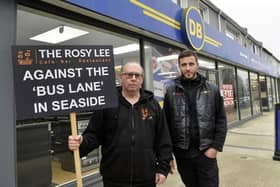 Kevin Gillett and Tom Baxter of DB Domestics protest against the new bus lane in Seaside. Photo: Jon Rigby