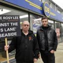 Kevin Gillett and Tom Baxter of DB Domestics protest against the new bus lane in Seaside. Photo: Jon Rigby