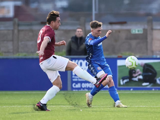 Action between Worthing and Hastings United in the Sussex Senior Cup semi-final at Lancing