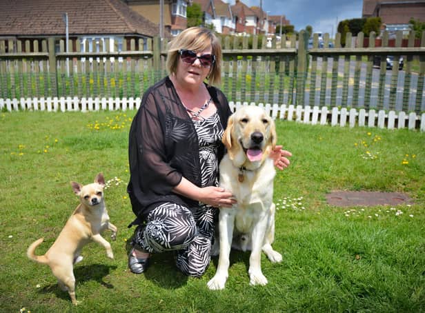 Dawn Penney with her guide dog Mr Miller in Sidley, Bexhill.Also pictured is Louie.