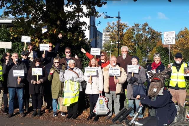 Campaigners called on their inner squirrels when they gathered to protest plans to chainsaw an oak tree to make space for a road. Picture: John Kvalheim