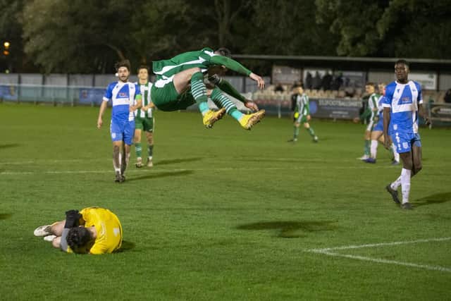 Jump to it! A Chichester City attack is thwarted by the Sheppey keeper | Picture: Neil Holmes