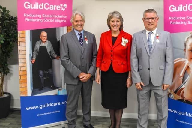 Derek Steel (left) and Peter Kennard (right) were presented with their British Empire Medal (BEM) by the Lord-Lieutenant of West Sussex, Mrs Susan Pyper, at an award ceremony hosted by Guild Care