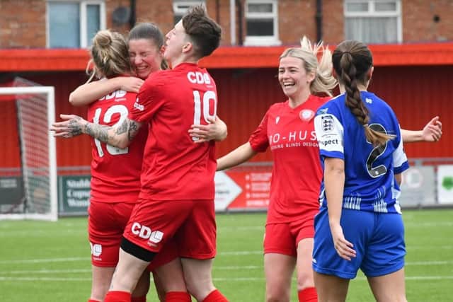 Worthing Women celebrate a goal v Ashford | Picture by OneRebelsView