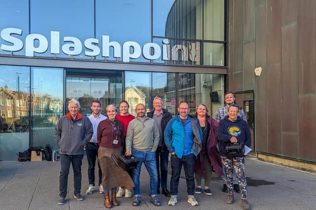 Sea swimmers pictured with representatives of Southern Water, Worthing Borough Council and Planet Ocean outside Splashpoint Leisure Centre. Photo: Worthing Borough Council