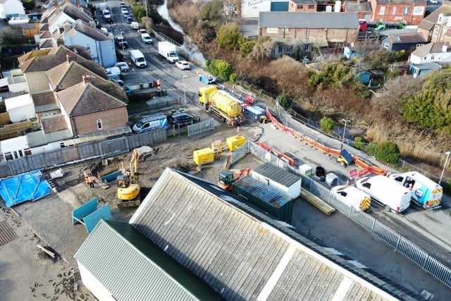 An aerial shot of the flooding damage at Skinners Sheds warehouses in Bexhill Road, St Leonards following the sewage leak on February 3, 2023