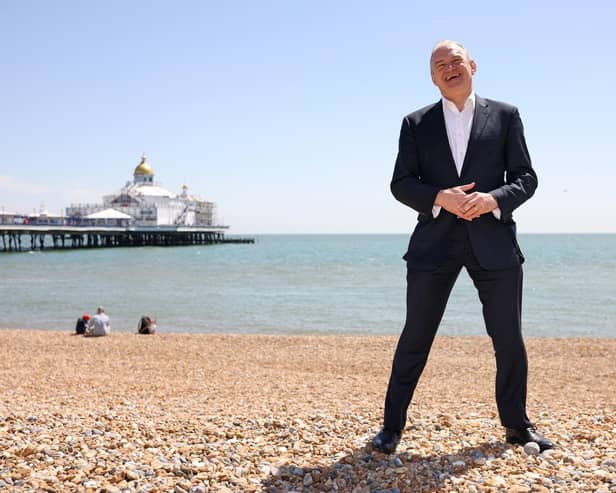 EASTBOURNE, ENGLAND - MAY 24: Liberal Democrat leader Ed Davey poses on the beach during a visit to the marginal seat of Eastbourne on May 24, 2024 in Eastbourne, England. The Liberal Democrats are targeting Conservative marginal seats along the South Coast in the upcoming general election on July 4th.  (Photo by Dan Kitwood/Getty Images)