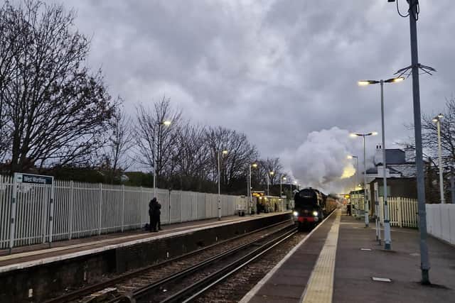 Steam train passing through West Worthing en route to Bath for the Christmas market on December 9