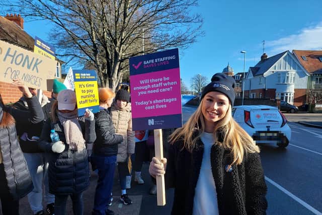 Ellie Nicholson, a registered nurse in A&E, said she joined the strike for ‘better pay, safer staffing and to help out my colleagues’.