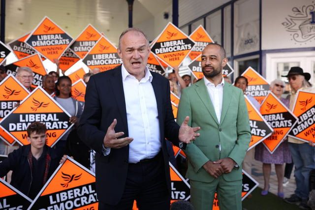 EASTBOURNE, ENGLAND - MAY 24: Liberal Democrat leader Ed Davey with Liberal Democrat candidate Josh Babarinde during a visit to the marginal seat of Eastbourne on May 24, 2024 in Eastbourne, England. The Liberal Democrats are targeting Conservative marginal seats along the South Coast in the upcoming general election on July 4th.  (Photo by Dan Kitwood/Getty Images)