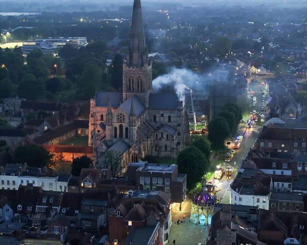 A major fire was simulated at Chichester Cathedral as part of a large training exercise.