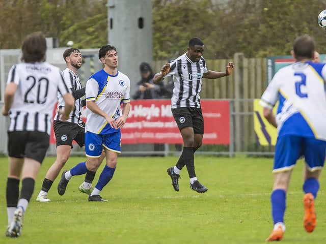 Action between Peacehaven & Telscombe and Haywards Heath Town in the final SCFL premier game of the 23-24 season