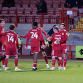 Crawley Town players celebrate one of Jack Roles' two goals against against Aston Villa u21s in the EFL Trophy. Picture: Ed Medcalf