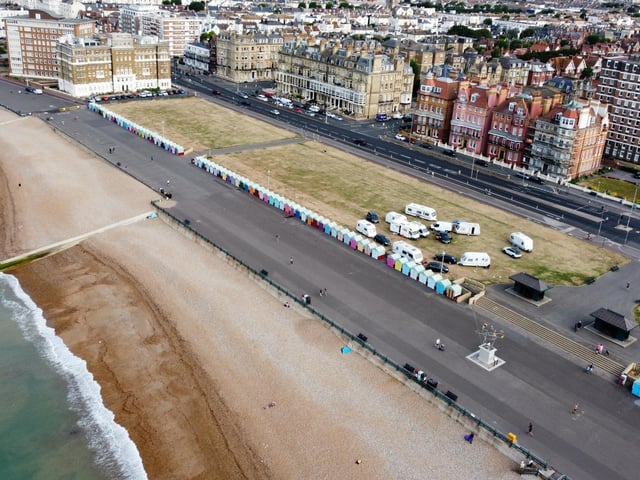 These aerial photographs show caravans and several other vehicles on Hove Lawns
