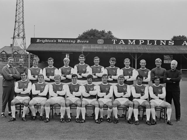 Brighton & Hove Albion FC with team manager Archie Macaulay on 20th August 1968. Albion finished the season 12th in Division Three. Division 3. Kit Napier top scored with 18.