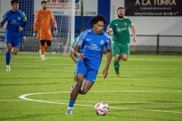 Herne Bay player Kymani Thomas has undergone surgery on his broken tibia and fibula, which he sustained in Saturday’s abandoned Isthmian Premier clash with Horsham. Picture by Simon Harris