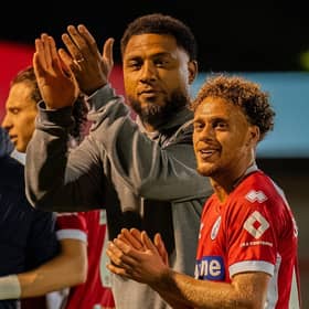 Colin Kazim -Richards with Stephen Duke-McKenna after the Bromley win | Picture: Kyle Hemsley